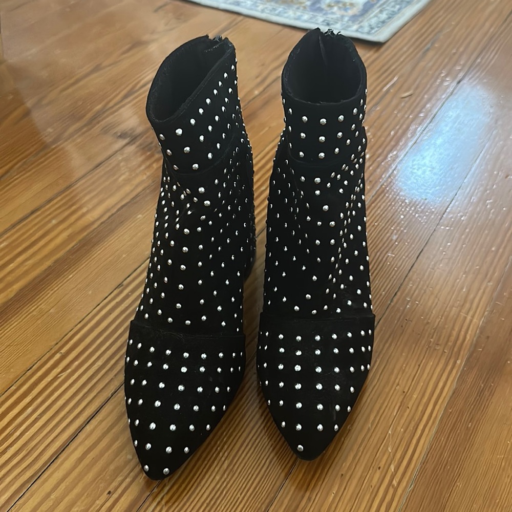 Qupid Black Suede Silver Studded Bootie Heels Size 6